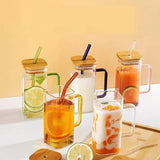 380ML SQUARE SMOOTHIE GLASS CUP WITH BAMBOO LID & STRAW