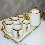 CERAMIC TEA SET WITH TRAY – GOLD HANDLES & RIM ☕🤍