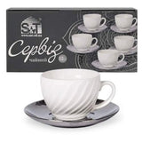 12PC SILVER CUP & SAUCER SET – 6 WHITE CUPS WITH SILVER SAUCERS