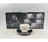 12PC SILVER CUP & SAUCER SET – 6 WHITE CUPS WITH SILVER SAUCERS