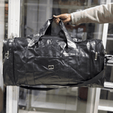 Unisex Large-Capacity Black Polished Leather Travel Duffle Bag