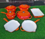 11-Piece Cast Iron Cookware Set – Orange.