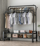 Advanced Double Layer Garment Rack – Mobile Floor Standing Clothes Hanger with Shoe Shelves.