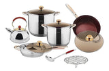 12pc Suiza Stainless Steel Cookware Set – 7-Layer Heat-Diffusing Base, Non-Stick Frying Pan & Glass Lids