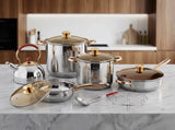 12pc Suiza Stainless Steel Cookware Set – 7-Layer Heat-Diffusing Base, Non-Stick Frying Pan & Glass Lids