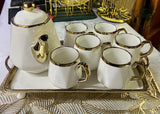 CERAMIC TEA SET WITH TRAY – GOLD HANDLES & RIM ☕🤍