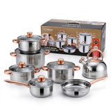 12pc Suiza Stainless Steel Cookware Set – 7-Layer Heat-Diffusing Base, Non-Stick Frying Pan & Glass Lids
