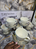 12PC SILVER CUP & SAUCER SET – 6 WHITE CUPS WITH SILVER SAUCERS