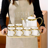 CERAMIC TEA SET WITH TRAY – GOLD HANDLES & RIM ☕🤍